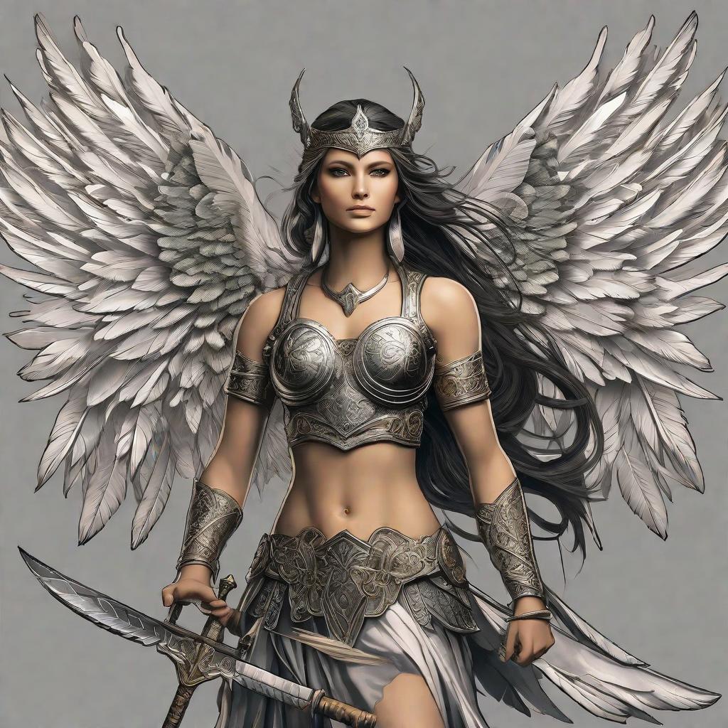  masterpiece, best quality, Create a tattoo of a female goddess warrior, she has angel wings. She has her back facing us but her face is turned so we can see the side of her face. She is holding a sword