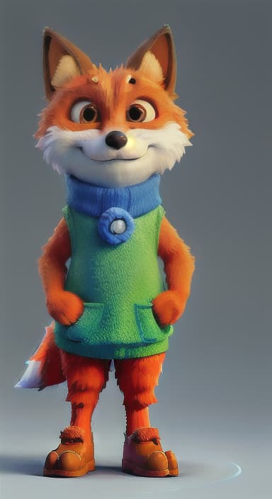  {Error the fox pressing the blue button with his paw, looking puzzled as nothing occurs., Error is a small, bright orange fox with a fluffy tail and big, inquisitive eyes. He has a mischievous yet kind expression and wears a tiny green scarf.