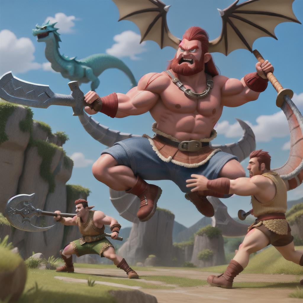  masterpiece, best quality, muscle barbarian with axe and sword, fighting with giant dragon