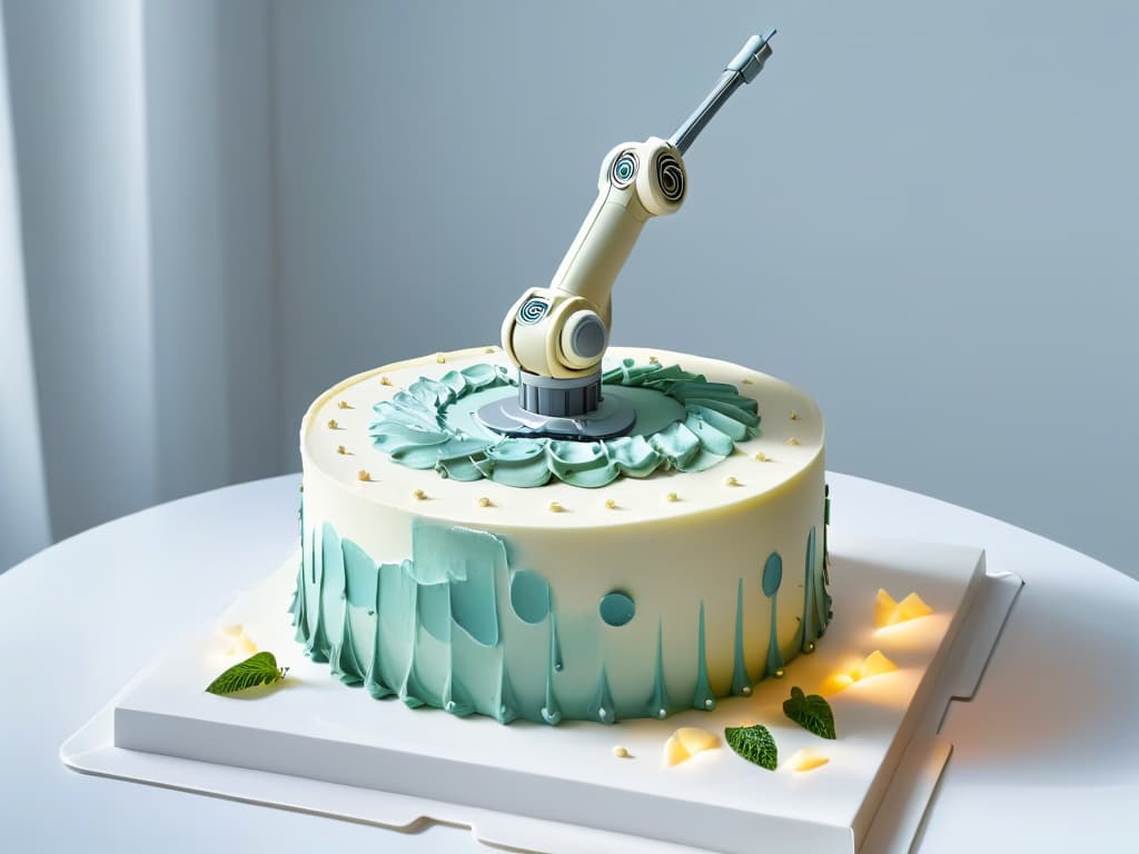  An 8k ultradetailed image of a sleek, futuristic robotic arm delicately piping intricate designs on a beautifully decorated cake. The robotic arm is in a pristine white color, adorned with subtle LED lights, against a clean, minimalist backdrop to highlight its precision and advanced technology. The cake is a work of art, featuring abstract patterns and vibrant colors, showcasing the seamless fusion of technology and creativity in the future of pastry arts. hyperrealistic, full body, detailed clothing, highly detailed, cinematic lighting, stunningly beautiful, intricate, sharp focus, f/1. 8, 85mm, (centered image composition), (professionally color graded), ((bright soft diffused light)), volumetric fog, trending on instagram, trending on tumblr, HDR 4K, 8K