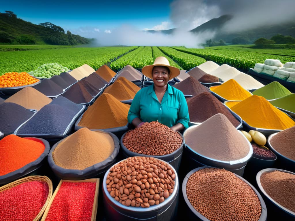  A photorealistic image of a diverse group of farmers from various regions around the world, each proudly holding baskets filled with highquality cocoa beans, vanilla pods, and coffee beans. The farmers are depicted with vibrant traditional clothing, smiling warmly as they showcase their sustainable and ethically sourced ingredients, symbolizing the positive impact of fair trade practices in the baking industry. The background features lush green fields, colorful market stalls, and a clear blue sky, emphasizing the connection between the consumers and the hardworking producers behind the ingredients. hyperrealistic, full body, detailed clothing, highly detailed, cinematic lighting, stunningly beautiful, intricate, sharp focus, f/1. 8, 85mm, (centered image composition), (professionally color graded), ((bright soft diffused light)), volumetric fog, trending on instagram, trending on tumblr, HDR 4K, 8K