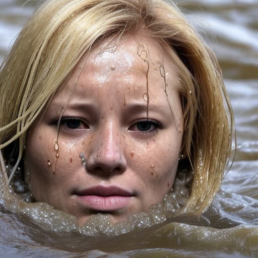  woman's face with blonde hair drowning in the river