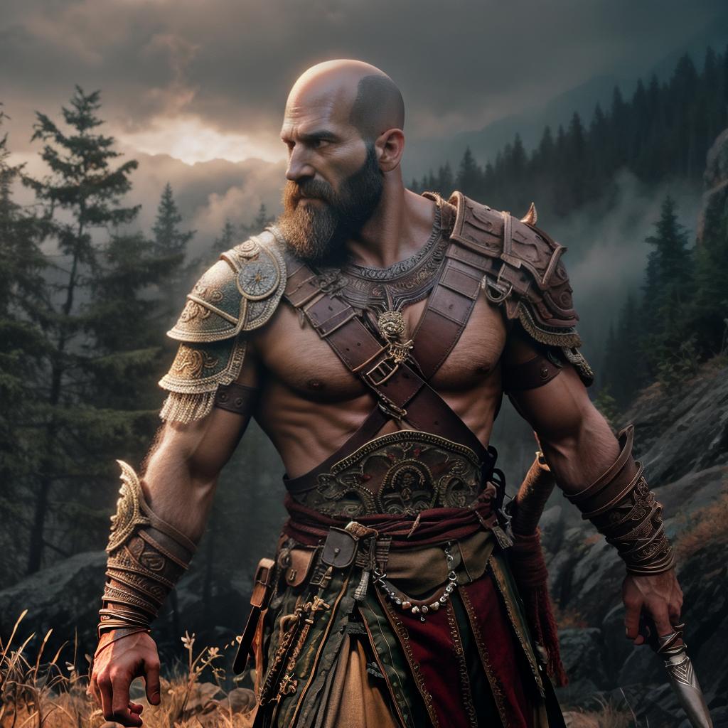  God of war hyperrealistic, full body, detailed clothing, highly detailed, cinematic lighting, stunningly beautiful, intricate, sharp focus, f/1. 8, 85mm, (centered image composition), (professionally color graded), ((bright soft diffused light)), volumetric fog, trending on instagram, trending on tumblr, HDR 4K, 8K