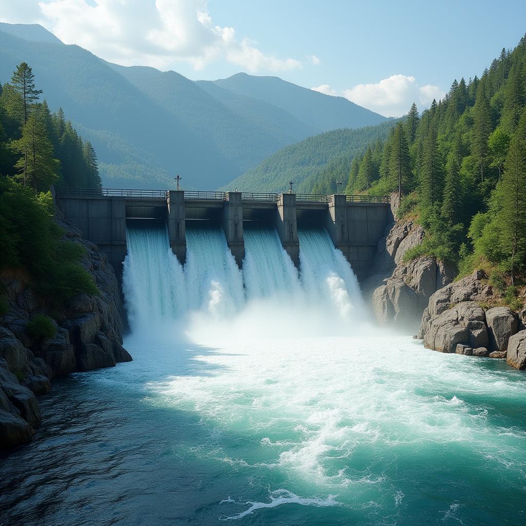  good quality, high quality, hydroelectric dam with rushing water and electric turbines turning with the force of the flowing river water , generating clean energy for ecology and zero carbon targets