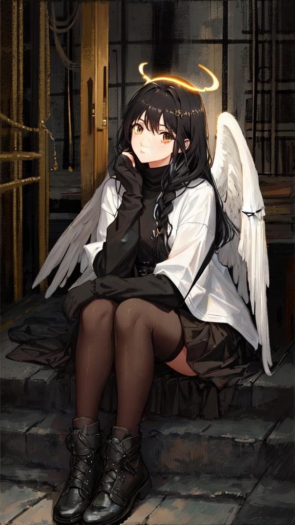 (****), 1girl, black hair, angel of death, innocent, brown eyes, diadem, angel wings, black clothes, full body, arms behind back, sky, halo, post apocalypse,