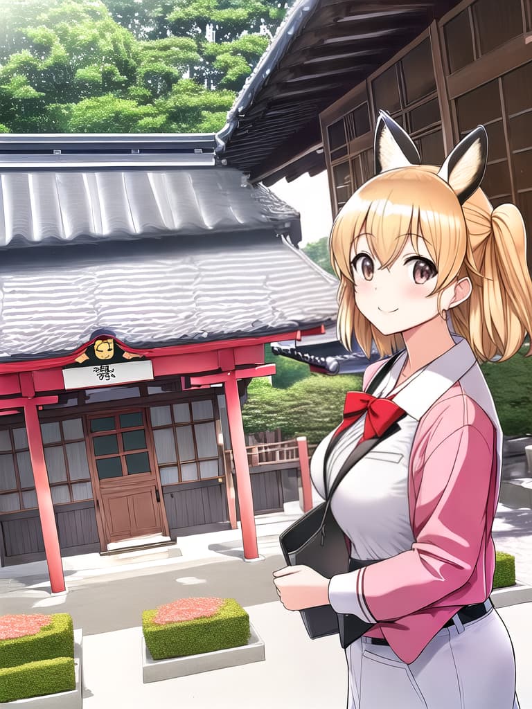  (Masterpiece, high resolution), A group of Kemono Friends high school girls wearing uniforms, A crowded shrine like Kyoto, Sightseeing trip, Daytime, Group photo, Beautiful face, Best smile, Shining eyes