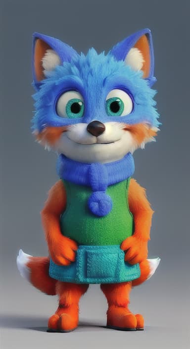  {Error the fox pressing the blue button with his paw, looking puzzled as nothing occurs., Error is a small, bright orange fox with a fluffy tail and big, inquisitive eyes. He has a mischievous yet kind expression and wears a tiny green scarf.