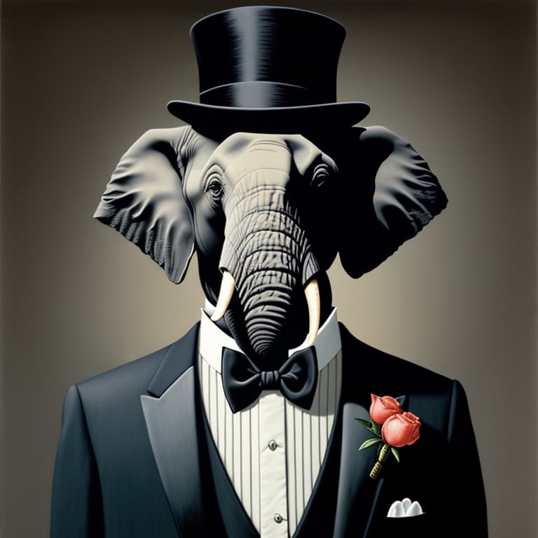  An elephant wearing a tuxedo, surreal, by René Magritte