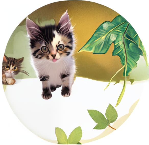  Cute domestic kitten sitting on a leaf