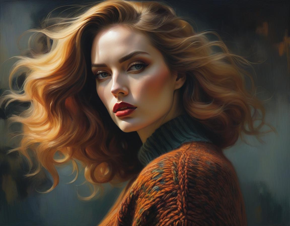  surrealist art Sweater . Oil painting by Malcolm Liepke. autumn colors, cozy oversized sweater, flowing hair, intricate details, rich textures, masterful use of light and shadow, contemporary art . dreamlike, mysterious, , symbolic, intricate, detailed hyperrealistic, full body, detailed clothing, highly detailed, cinematic lighting, stunningly beautiful, intricate, sharp focus, f/1. 8, 85mm, (centered image composition), (professionally color graded), ((bright soft diffused light)), volumetric fog, trending on instagram, trending on tumblr, HDR 4K, 8K