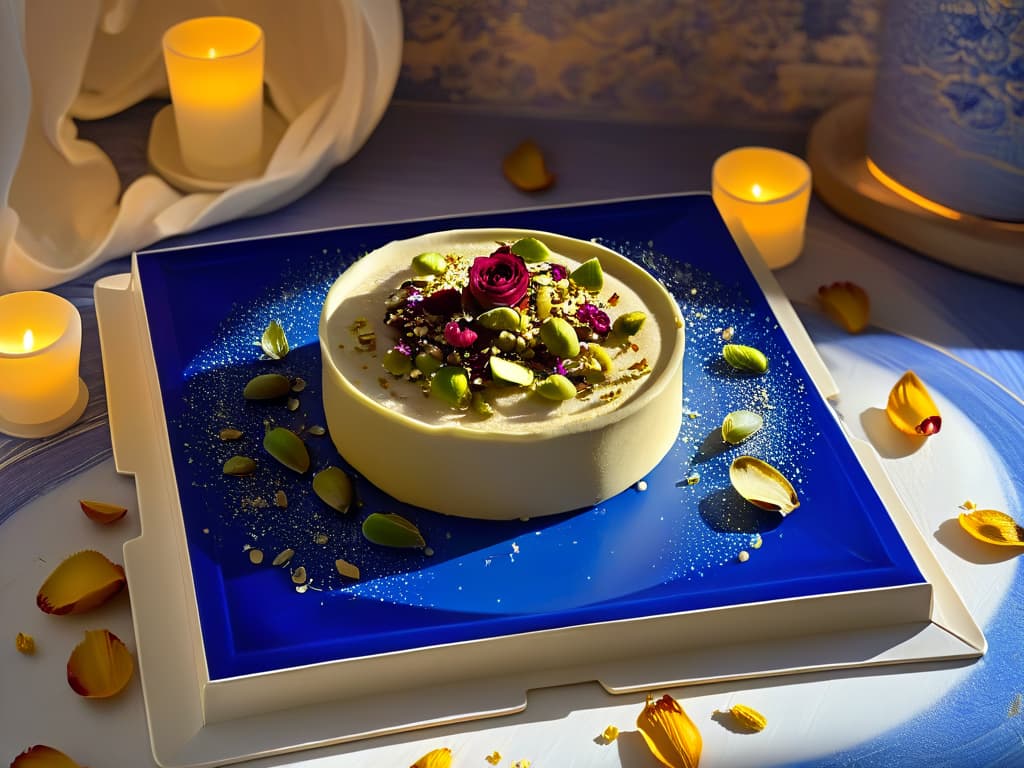  An intricately designed silver tray filled with goldenhued Halwa, garnished with a sprinkle of crushed pistachios and dried rose petals, set against a backdrop of elegant Middle Eastern ceramic tiles in shades of blue and white. The dessert glistens under the soft glow of ambient lighting, showcasing its rich texture and inviting presentation. hyperrealistic, full body, detailed clothing, highly detailed, cinematic lighting, stunningly beautiful, intricate, sharp focus, f/1. 8, 85mm, (centered image composition), (professionally color graded), ((bright soft diffused light)), volumetric fog, trending on instagram, trending on tumblr, HDR 4K, 8K