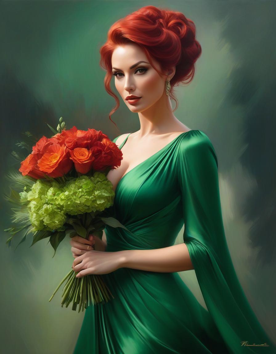  impressionist painting Painting of a woman in a green dress with a bouquet in her hands., stanley artgerm lau, steven artgerm lau, magali villeneuve', graphic artist magali villeneuve, artgerm lau, inspired by Magali Villeneuve, charlie bowater rich deep colors, Stanley Artgerm, red haired goddess, Стиль Stanley Artgermа . loose brushwork, vibrant color, light and shadow play, captures feeling over form hyperrealistic, full body, detailed clothing, highly detailed, cinematic lighting, stunningly beautiful, intricate, sharp focus, f/1. 8, 85mm, (centered image composition), (professionally color graded), ((bright soft diffused light)), volumetric fog, trending on instagram, trending on tumblr, HDR 4K, 8K