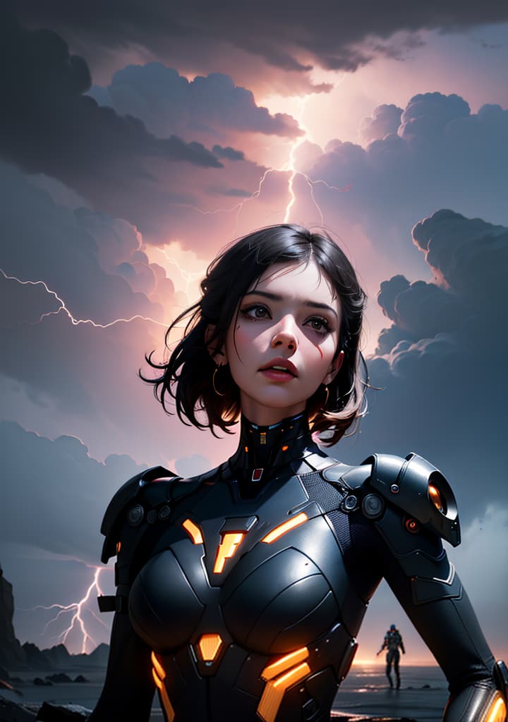  ((A woman, android,cyber punk style,shoot on film image ,Floating in the middle of a storm, lightning, lightning,)),(), beautiful, high quality,masterpiece,extremely detailed,high res,4k,ultra high res,detailed shadow,ultra realistic,dramatic lighting,bright light