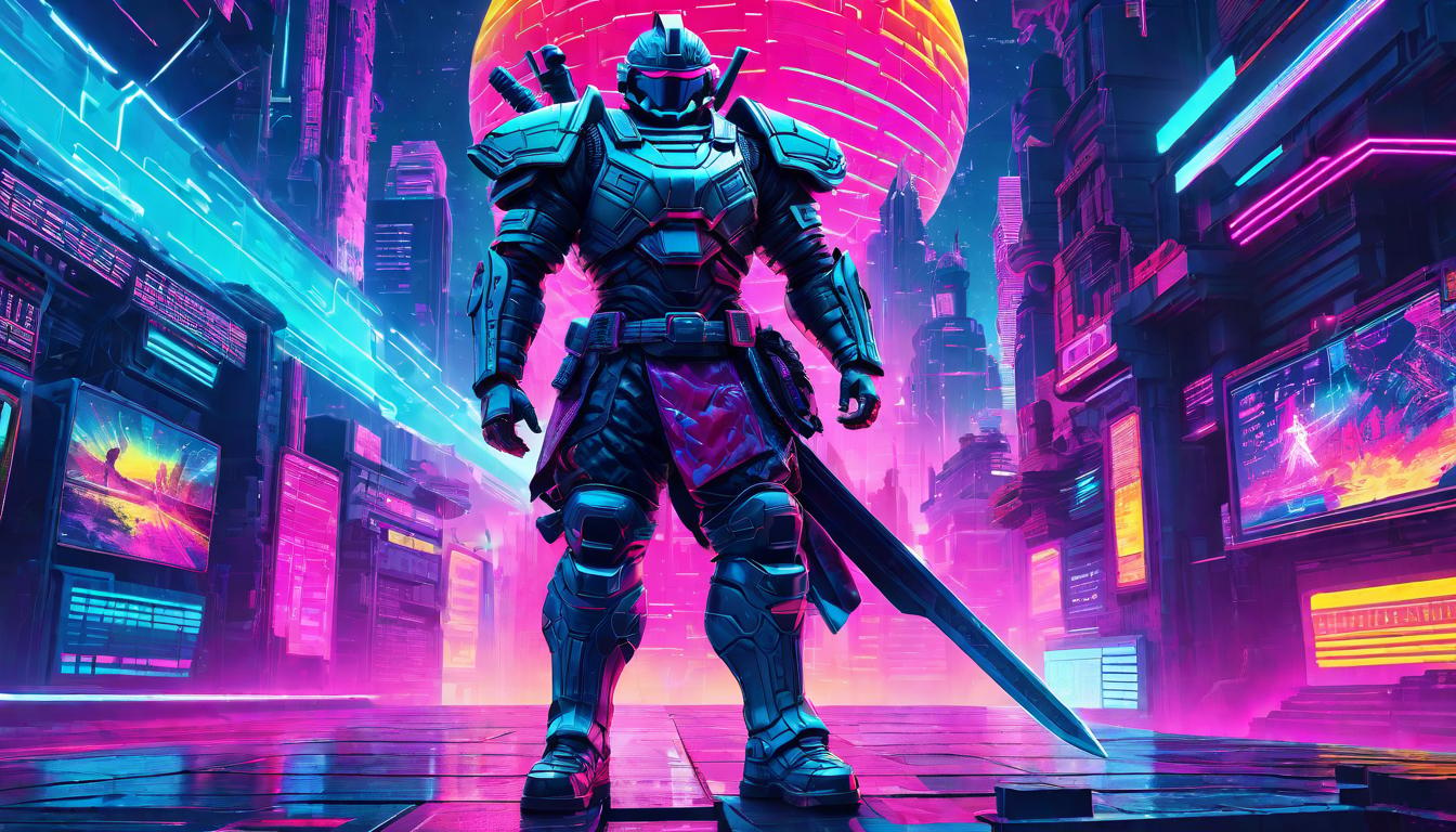  vaporwave,cyberpunk game style a warrior figure, cosmic scales in the backdrop, powerful stance, cosmic enforcereon, dystopian, futuristic, digital, vibrant, detailed, high contrast, reminiscent of cyberpunk genre video games,retro aesthetic, cyberpunk, vibrant, neon colors, vintage 80s and 90s style, highly detailed