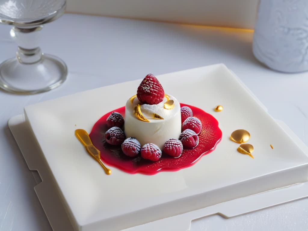  A closeup, ultrahighresolution image of a delicate, perfectly plated dessert with a glossy mirror glaze, adorned with edible gold leaf and a single vibrant raspberry on top. The dessert is set on a sleek, modern white plate with a subtle texture, placed on a marble countertop. The lighting is soft and natural, highlighting the dessert's intricate details and elegant presentation. hyperrealistic, full body, detailed clothing, highly detailed, cinematic lighting, stunningly beautiful, intricate, sharp focus, f/1. 8, 85mm, (centered image composition), (professionally color graded), ((bright soft diffused light)), volumetric fog, trending on instagram, trending on tumblr, HDR 4K, 8K