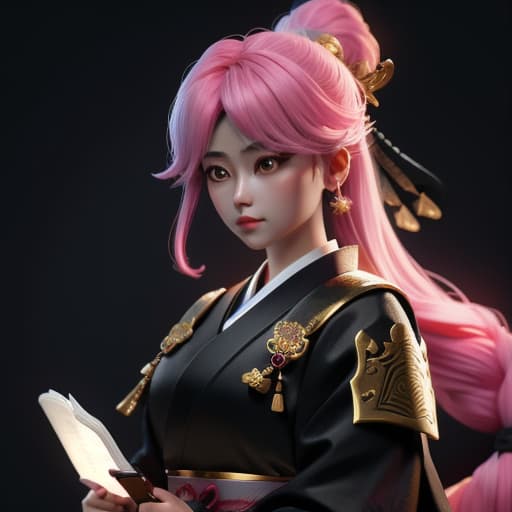  A Christian Holy paladin beautiful girl magical samurai uses katana loves God with her heart, her favorite colors are black, gold and pink, she golden rays come from her body ful body she reads her Bible , hyperrealistic, high quality, highly detailed, cinematic lighting, intricate, sharp focus, f/1. 8, 85mm, (centered image composition), (professionally color graded), ((bright soft diffused light)), volumetric fog, trending on instagram, HDR 4K, 8K