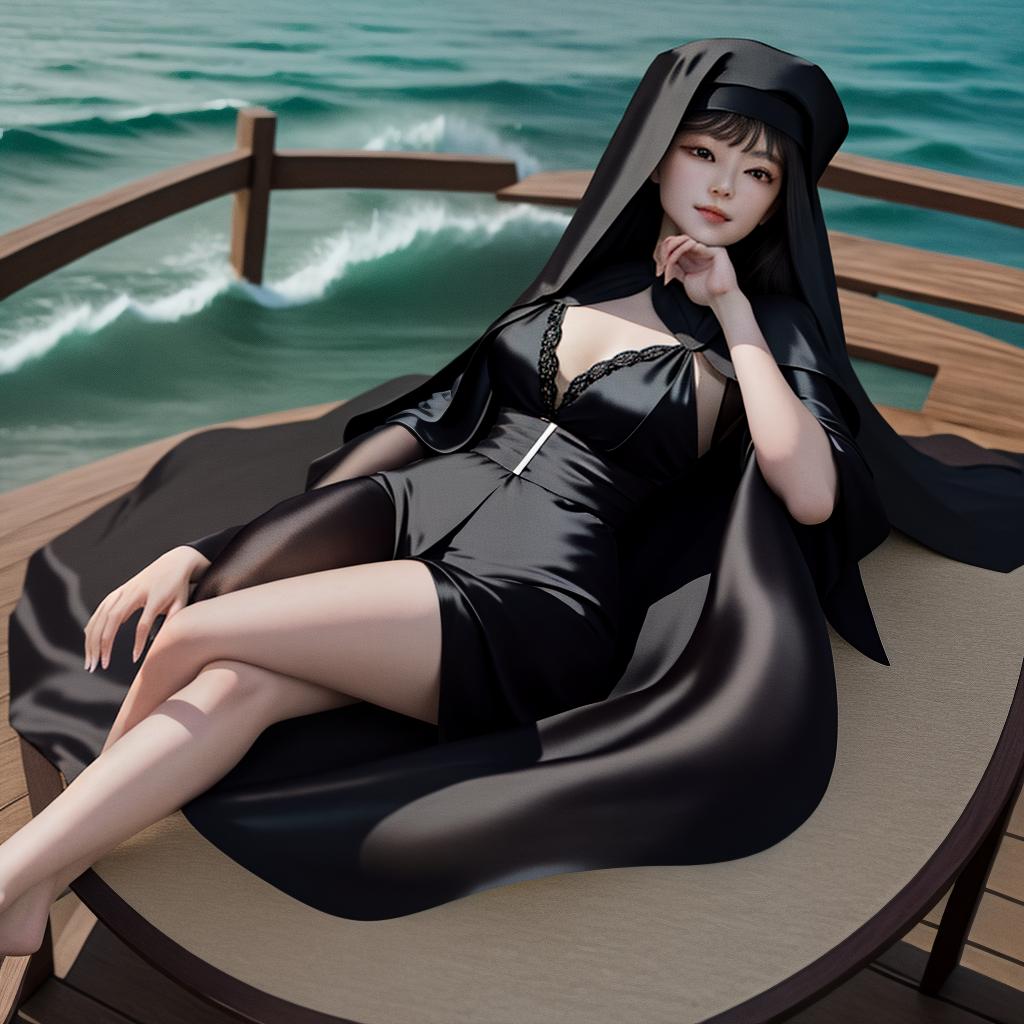  masterpiece, best quality,(fidelity: 1.4), best quality, masterpiece, ultra high resolution, 8k resolution, seaside, sister, black silk, reclining, real person