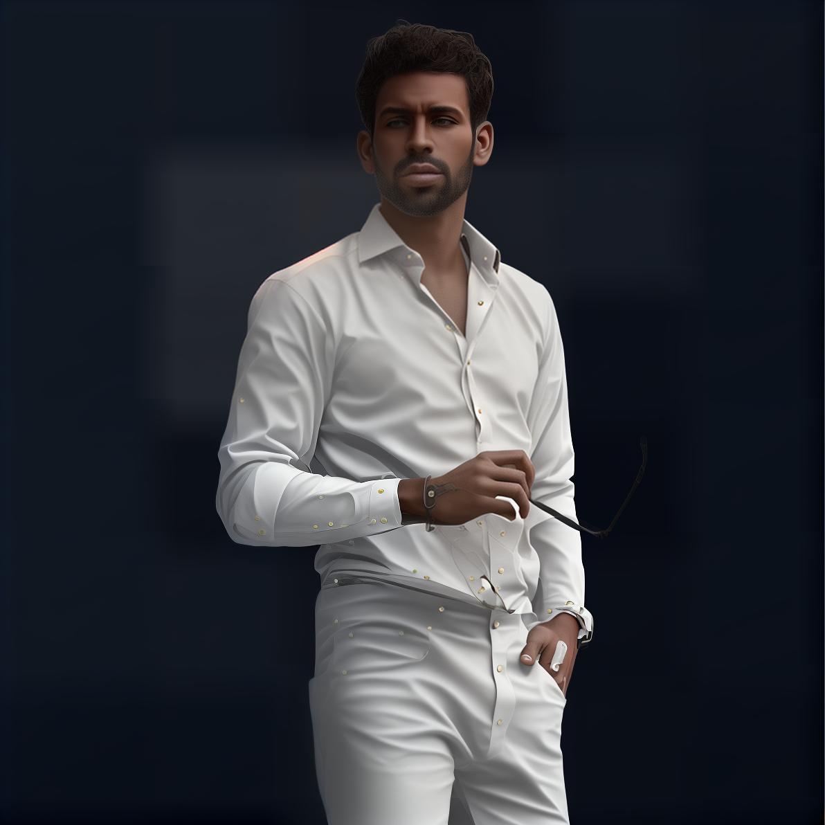 mdjrny-v4 style Create a realistic portrait style avatar of a man. The character should have lifelike features, with detailed skin texture, natural hair, and expressive eyes. His face should show subtle details such as pores, slight wrinkles, and a realistic complexion. The hairstyle should be contemporary and neatly styled, reflecting a modern and well groomed look. He should be wearing a simple, classic outfit such as a dress shirt or a casual sweater, with attention to fabric details and natural folds. The background should be minimalist, perhaps a soft gradient or a blurred, neutral setting that keeps the focus on the man's features.