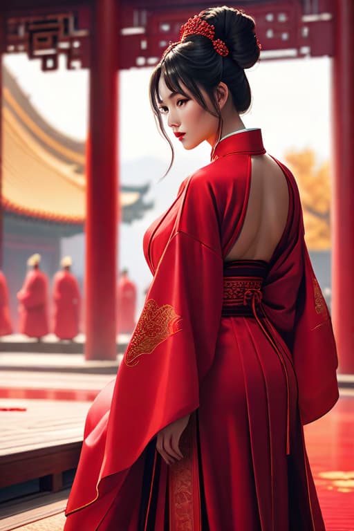  This is a picture full of oriental aesthetics and modernity. The main subject of the picture is a Chinese woman in a red robe and a high bun, standing on a platform. Her back is facing the viewer, and the whole picture gives people a sense of tranquility and solemnity. The background of the picture is mainly red, with blurred silhouettes of trees in the background, which looks very layered. There is a huge round decoration behind the woman, and the inside of the circle is light white, which forms a strong contrast with the red outside. Chinese cultural elements. There are red frames on both sides and the top of the picture. The ground under the frame is as smooth as a mirror, reflecting the reflection of the woman, adding to the symmetrical hyperrealistic, full body, detailed clothing, highly detailed, cinematic lighting, stunningly beautiful, intricate, sharp focus, f/1. 8, 85mm, (centered image composition), (professionally color graded), ((bright soft diffused light)), volumetric fog, trending on instagram, trending on tumblr, HDR 4K, 8K