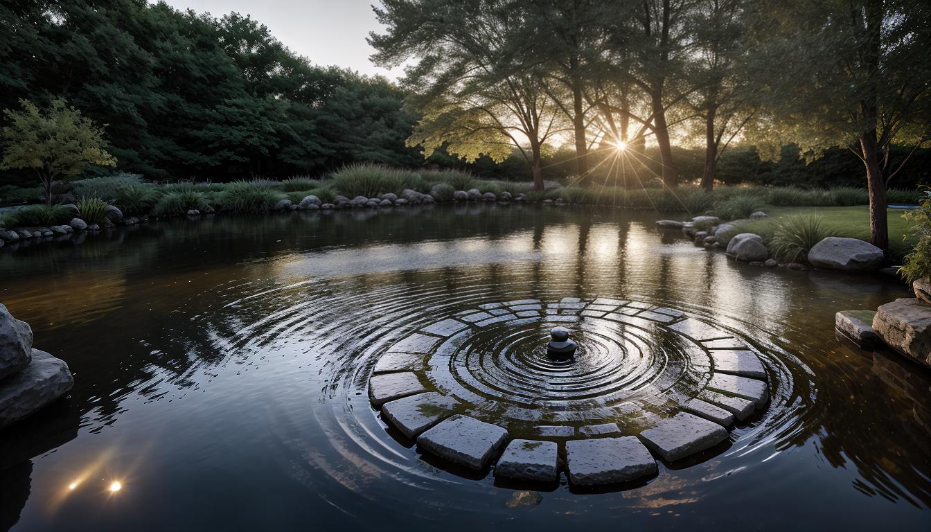  cinematic, aesthetic, A stone tossed into a calm pond, ripples spreading outward, symbolizing the ripple effect of helping one person, serene water surface, concentric waves, expanding impact, 4k, HDR, lens flare