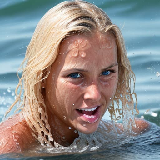  tanned blonde woman's face is in the water she's panic a lot of water waves and splashes around