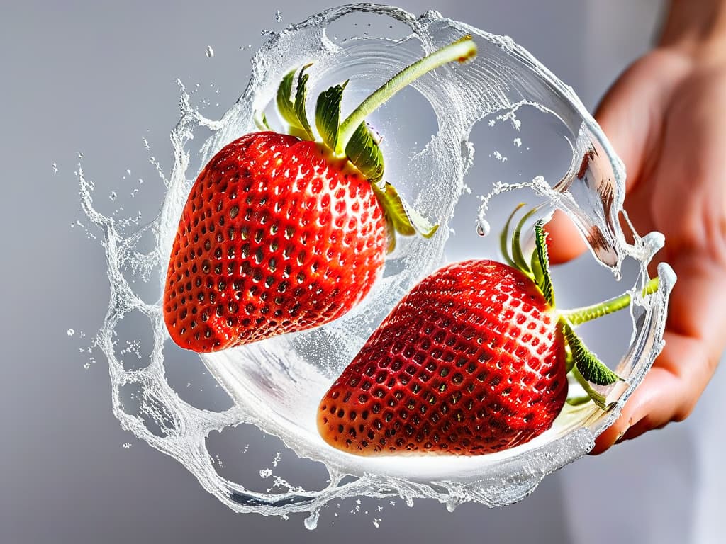  A closeup, ultradetailed image of a ripe strawberry being slowly crushed, capturing the intricate molecular structures breaking down and releasing intense flavors, set against a simple, white background to emphasize the beauty in molecular transformation. hyperrealistic, full body, detailed clothing, highly detailed, cinematic lighting, stunningly beautiful, intricate, sharp focus, f/1. 8, 85mm, (centered image composition), (professionally color graded), ((bright soft diffused light)), volumetric fog, trending on instagram, trending on tumblr, HDR 4K, 8K