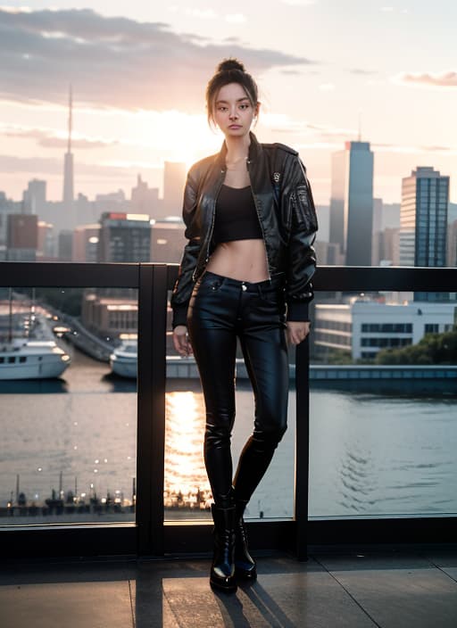  A Man in a black bomber jacket, standing against a cityscape backdrop at dusk with a soft orange glow. She has her arms crossed and a determined expression, wearing black skinny jeans and black ankle boots. The jacket has silver zippers and patches on the sleeves. The image has a cinematic composition and advanced detail processing. style RAW,ADVERTISING PHOTO,high quality,masterpiece