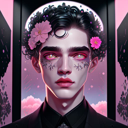 in OliDisco style open black door. men in black. light flowers. big pink clouds. winter. over-detailed face and eyes and lips and nose and body and skin and pupils and irises