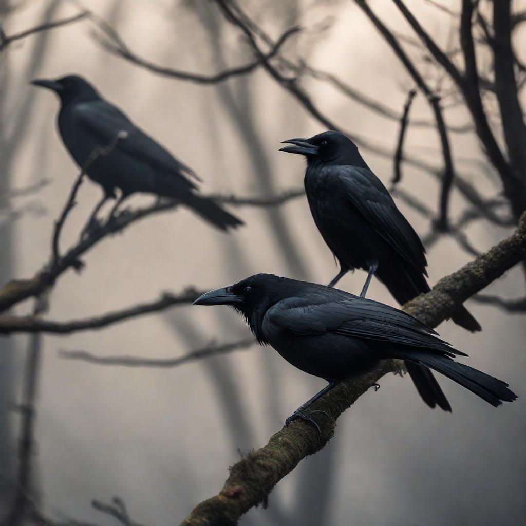  Dark birds or crows. Traditionally symbolize bad omens, they can reflect gloomy thoughts and feelings hyperrealistic, full body, detailed clothing, highly detailed, cinematic lighting, stunningly beautiful, intricate, sharp focus, f/1. 8, 85mm, (centered image composition), (professionally color graded), ((bright soft diffused light)), volumetric fog, trending on instagram, trending on tumblr, HDR 4K, 8K