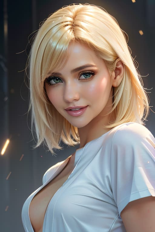  1girl,1girl,blonde short hair,straight hair,upper body shot,shirt,smile hyperrealistic, full body, detailed clothing, highly detailed, cinematic lighting, stunningly beautiful, intricate, sharp focus, f/1. 8, 85mm, (centered image composition), (professionally color graded), ((bright soft diffused light)), volumetric fog, trending on instagram, trending on tumblr, HDR 4K, 8K