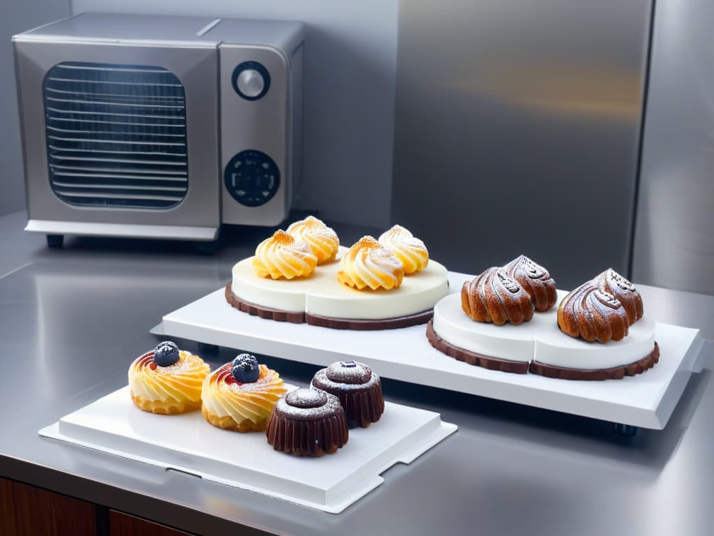  A sleek, minimalistic image of a modern kitchen countertop with a row of elegant, silver cooling fans in various shapes and sizes, casting a soft, cool breeze over a freshly baked assortment of pastries and cakes. The fans are positioned strategically to showcase their efficiency in cooling down the delectable treats, while the overall aesthetic exudes a sense of professionalism and sophistication, perfectly complementing the informative and inspiring tone of the article on cooling fans for pastry making. hyperrealistic, full body, detailed clothing, highly detailed, cinematic lighting, stunningly beautiful, intricate, sharp focus, f/1. 8, 85mm, (centered image composition), (professionally color graded), ((bright soft diffused light)), volumetric fog, trending on instagram, trending on tumblr, HDR 4K, 8K