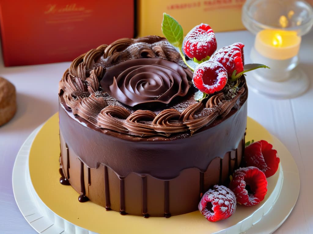  A highresolution, ultradetailed image of a beautifully decorated chocolate cake resembling the iconic "Matilda" cake, featuring layers of moist chocolate sponge, rich chocolate ganache, and cascading chocolate icing decorated with vibrant, colorful icing swirls, edible flowers, and gold leaf accents. The cake sits on a rustic wooden table with scattered cocoa powder and fresh raspberries, creating a visually stunning and mouthwatering dessert masterpiece. hyperrealistic, full body, detailed clothing, highly detailed, cinematic lighting, stunningly beautiful, intricate, sharp focus, f/1. 8, 85mm, (centered image composition), (professionally color graded), ((bright soft diffused light)), volumetric fog, trending on instagram, trending on tumblr, HDR 4K, 8K