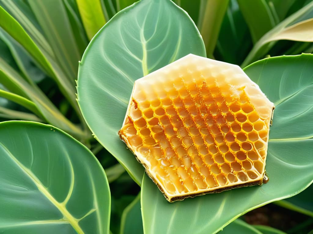  A closeup, photorealistic image of a pristine, golden honeycomb dripping with amber honey, surrounded by fresh green agave plants under the warm sunlight. The intricate details of the hexagonal honeycomb cells shimmer with sticky perfection, while the agave leaves glisten in the sunlight, evoking a sense of natural sweetness and purity. hyperrealistic, full body, detailed clothing, highly detailed, cinematic lighting, stunningly beautiful, intricate, sharp focus, f/1. 8, 85mm, (centered image composition), (professionally color graded), ((bright soft diffused light)), volumetric fog, trending on instagram, trending on tumblr, HDR 4K, 8K