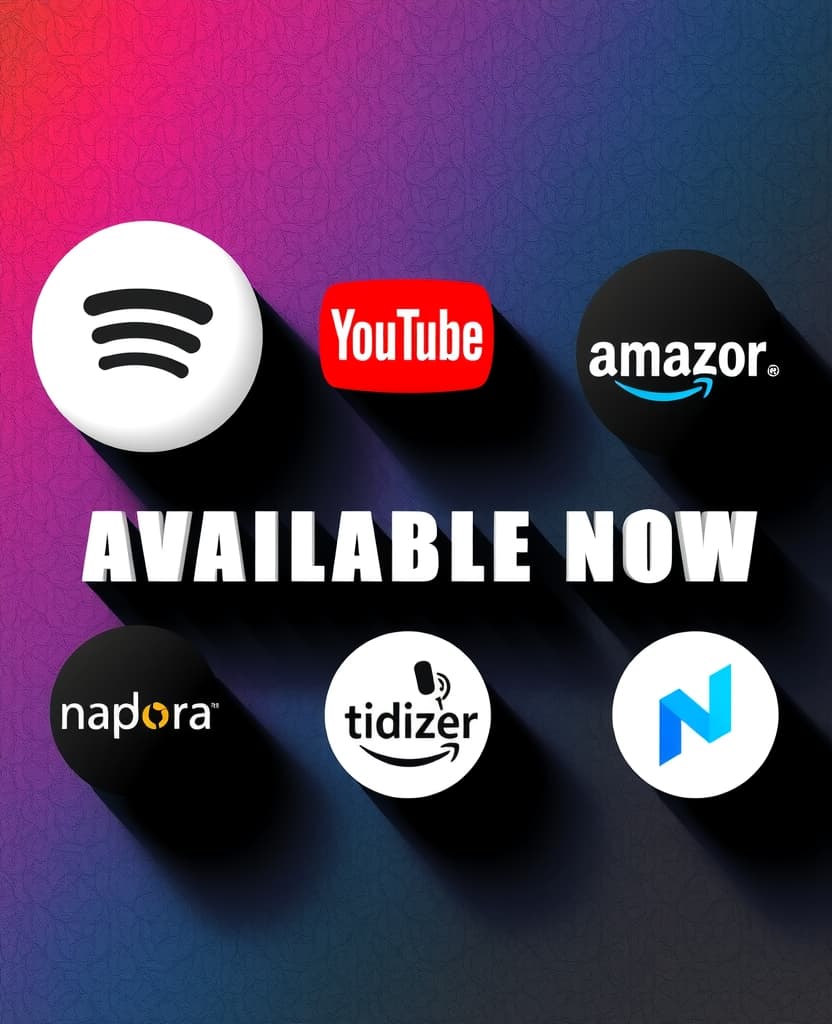  good quality, high quality, create an image with the logos in 3d of spotify, apple music, youtube, amazon music, deezer, pandora, tidal, napster. write the phrase "available now". the image must give an impression of hard rock music.