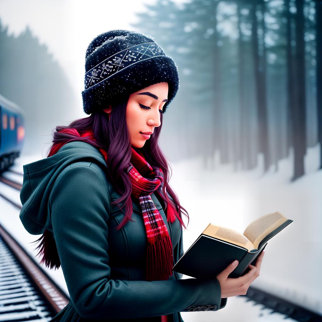 A beautiful girl holding a book with the word IZZI in her hands against the backdrop of a New Year's train and a forest with trees. Perhaps this IZZI book is a mysterious work filled with magic and adventure. Behind the girl, the New Year's train speeds along snowy tracks, the trees surrounding it covered in a layer of fresh snow, creating a magical winter atmosphere. The girl is immersed in reading, and maybe she is in her own literary world where everything becomes possible. This scene reproduces a blend of beauty, mystery, and festive joy. The vision of such a scene is visually appealing and evokes a sense of wonder and enchantment hyperrealistic, full body, detailed clothing, highly detailed, cinematic lighting, stunningly beautiful, intricate, sharp focus, f/1. 8, 85mm, (centered image composition), (professionally color graded), ((bright soft diffused light)), volumetric fog, trending on instagram, trending on tumblr, HDR 4K, 8K
