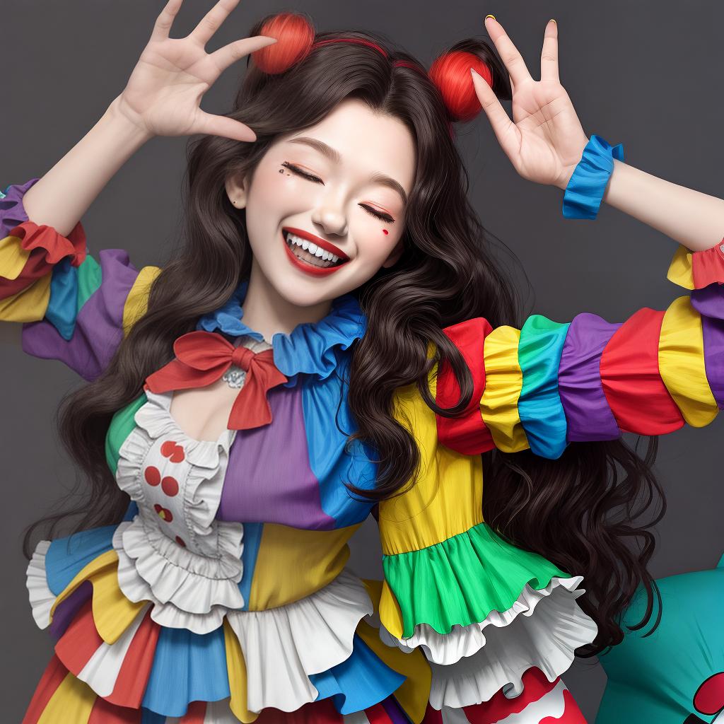  masterpiece, best quality, female,clown,one eye closed,open mouth,grin,long hair,wavy hair