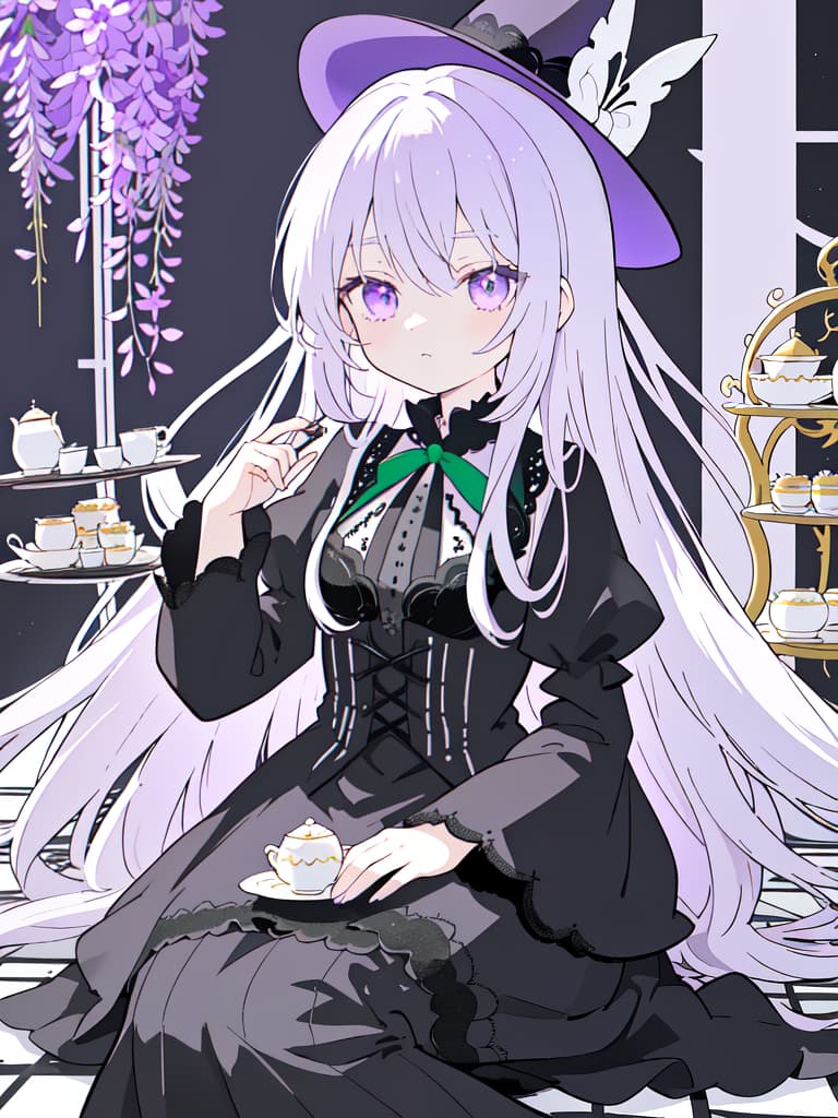  A gothic anime girl with long white hair and purple eyes,wearing an elaborate top hat adorned with black lace,sits on the floor surrounded by towering teapots,saucers,cakes,and a high tea setup in shades of lavender,gray,and deep indigo. The background is scattered with black and white checkered patterns reminiscent of chessboard like tables. Surrounded by wisteria flowers,with whimsical manga illustrations in dark violet and light emerald featuring highly detailed figures against minimalist backgrounds., masterpiece, best quality,8k,ultra detailed,high resolution,an extremely delicate and beautiful,hyper detail