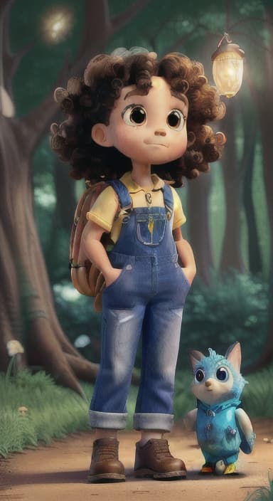  {The tree shining brightly and releasing a gentle, magical light., Riley, a curious with big brown eyes and curly hair, wearing overalls and carrying a small backpack. Their friend, Skye, a bluebird with shiny feathers.