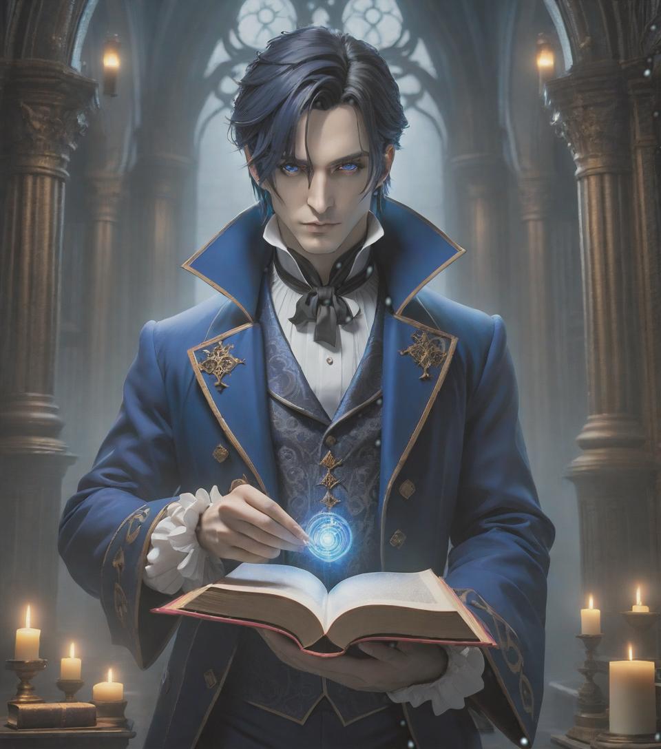  gothic style A magician with a book in a blue coat. . dark, mysterious, haunting, dramatic, ornate, detailed hyperrealistic, full body, detailed clothing, highly detailed, cinematic lighting, stunningly beautiful, intricate, sharp focus, f/1. 8, 85mm, (centered image composition), (professionally color graded), ((bright soft diffused light)), volumetric fog, trending on instagram, trending on tumblr, HDR 4K, 8K