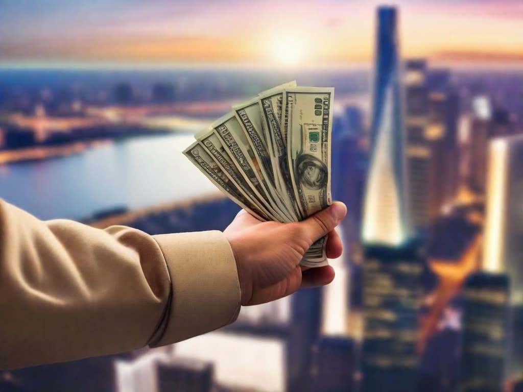  A close-up of a hand holding a stack of cash, with a blurred city skyline in the background. The hand belongs to a young professional, symbolizing success and achievement without a college degree. digital art, ilustration, no flares, clean hyperrealistic, full body, detailed clothing, highly detailed, cinematic lighting, stunningly beautiful, intricate, sharp focus, f/1. 8, 85mm, (centered image composition), (professionally color graded), ((bright soft diffused light)), volumetric fog, trending on instagram, trending on tumblr, HDR 4K, 8K