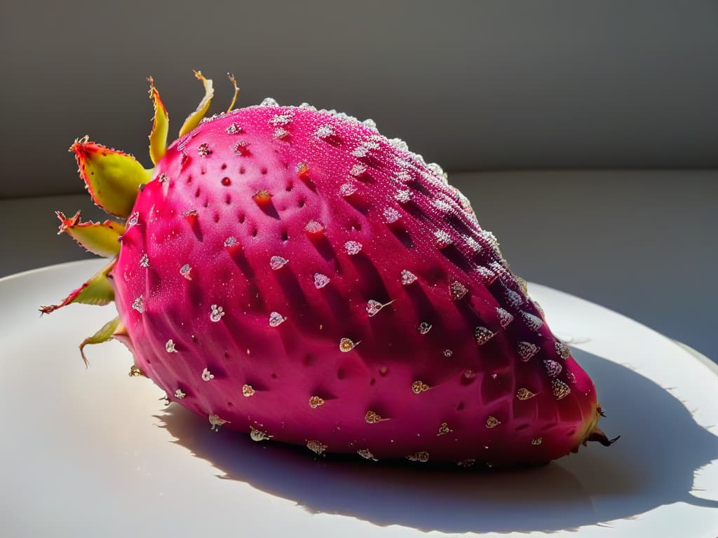  A highresolution, minimalist image of a perfectly ripe prickly pear cactus fruit, showcasing its vibrant magenta flesh dotted with tiny edible seeds, set against a simple, clean background to highlight the fruit's natural beauty and appeal for innovative dessert recipes. hyperrealistic, full body, detailed clothing, highly detailed, cinematic lighting, stunningly beautiful, intricate, sharp focus, f/1. 8, 85mm, (centered image composition), (professionally color graded), ((bright soft diffused light)), volumetric fog, trending on instagram, trending on tumblr, HDR 4K, 8K