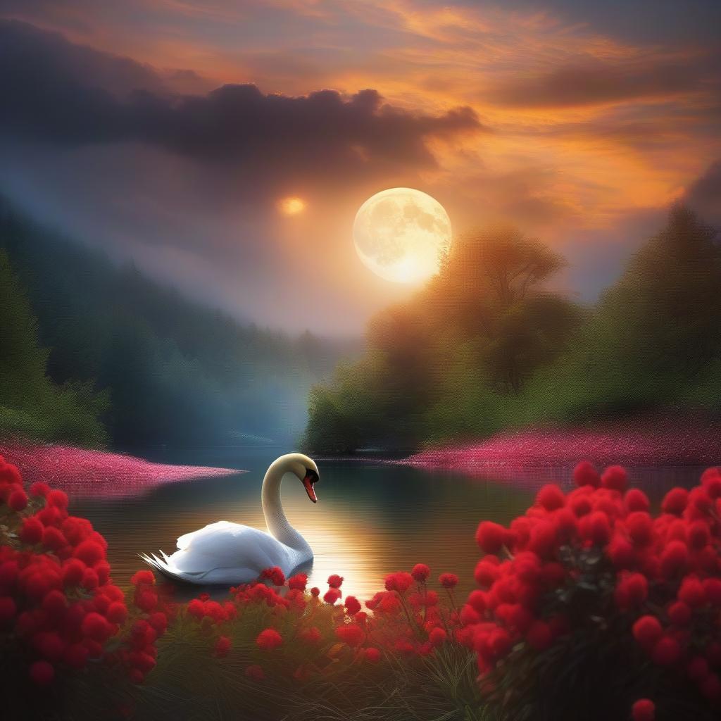  swan, in moonlight, red flowers , ((masterpiece)), best quality, very detailed, high resolution, sharp, sharp image, extremely detailed, 4k, 8k