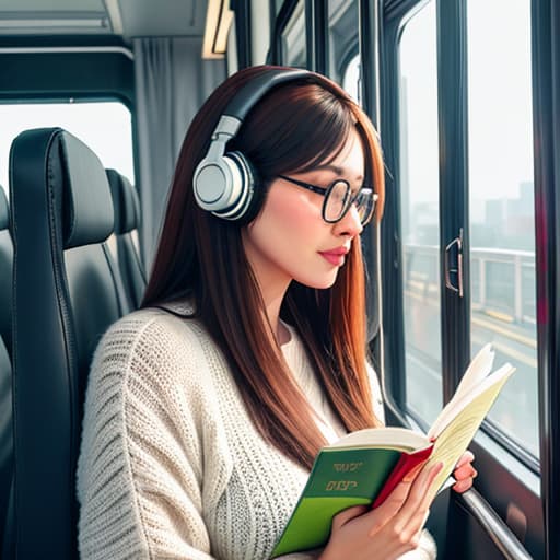  Realistic image of a cat wearing headphones and reading glasses while riding a bus. hyperrealistic, full body, detailed clothing, highly detailed, cinematic lighting, stunningly beautiful, intricate, sharp focus, f/1. 8, 85mm, (centered image composition), (professionally color graded), ((bright soft diffused light)), volumetric fog, trending on instagram, trending on tumblr, HDR 4K, 8K