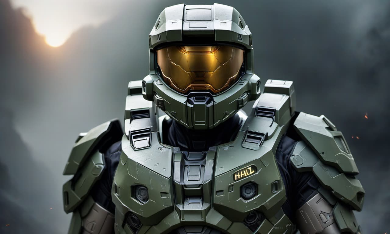  HALO MASTER CHIEF ART hyperrealistic, full body, detailed clothing, highly detailed, cinematic lighting, stunningly beautiful, intricate, sharp focus, f/1. 8, 85mm, (centered image composition), (professionally color graded), ((bright soft diffused light)), volumetric fog, trending on instagram, trending on tumblr, HDR 4K, 8K