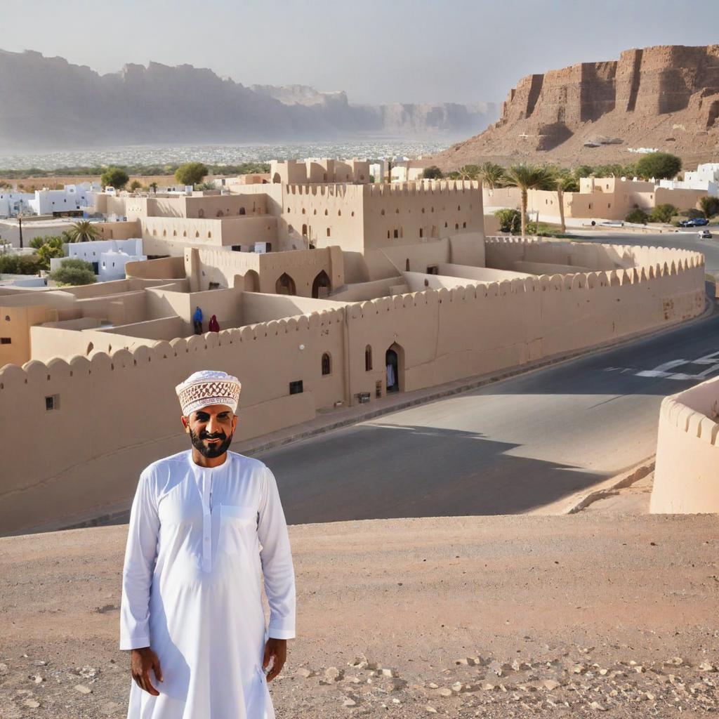  omani man standing in front of middle road , forts city in background