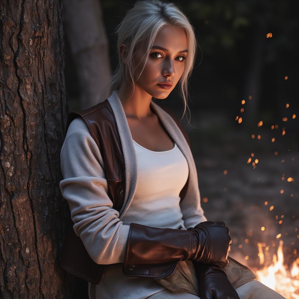  detail, photo, cinscene, dreamwalking a short woman with white hair in a ponytail, brown skin, grey eyes, white clothes. over the white clothes is a leather vest, leather vambraces, and leather gloves. it is night time. she is standing with her back leaning against a tree. her face is illuminated by a campfire. embers blow in the wind. she stares off into the distance.