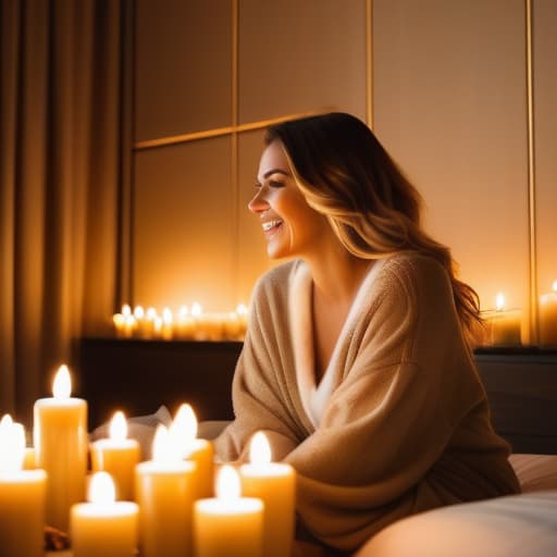  Excited young woman sitting on left side edge of king size bed surrounded by numerous many lit burning candles in luxury hotel room. Cosy romantic atmosphere