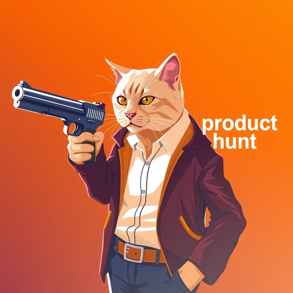  design a logo. american style logo with a cat with one hand in his pocket and the other holding a gun and pointing it at his target the team name [add the text to the logo design “product hunt”] is in the and combined with the logo like sport team logo hyperrealistic, full body, detailed clothing, highly detailed, cinematic lighting, stunningly beautiful, intricate, sharp focus, f/1. 8, 85mm, (centered image composition), (professionally color graded), ((bright soft diffused light)), volumetric fog, trending on instagram, trending on tumblr, HDR 4K, 8K