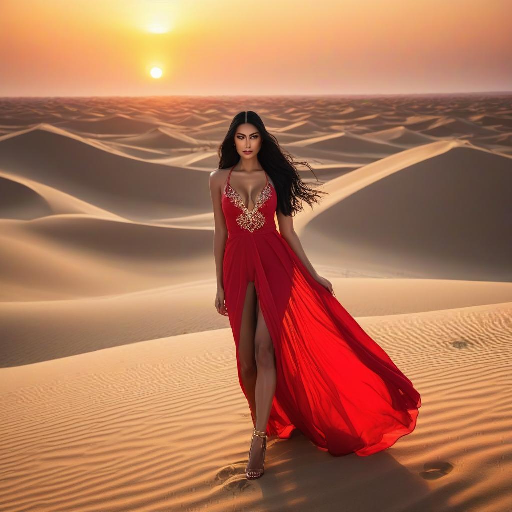  General plan of sand dunes oasis. A mixed race girl with long black shiny hair walks in a red dress with golden jewelry on her hands and feet, big eyes, plump lips, long eyelashes, and a glowing brown skin adorned with brilihant diamonds. The light, flowing fabric shines with the essence of the earth's natural beauty and style. With illumination from the air, a natural sunset setting. (Translated from Russian) текст: общий план пески барханы оазис девушка мулатка с длинными черными гладкими волосами идет в красном платье с золотыми украшениями на руках и ногах, большие глаза, пухлые губы, hyperrealistic, full body, detailed clothing, highly detailed, cinematic lighting, stunningly beautiful, intricate, sharp focus, f/1. 8, 85mm, (centered image composition), (professionally color graded), ((bright soft diffused light)), volumetric fog, trending on instagram, trending on tumblr, HDR 4K, 8K