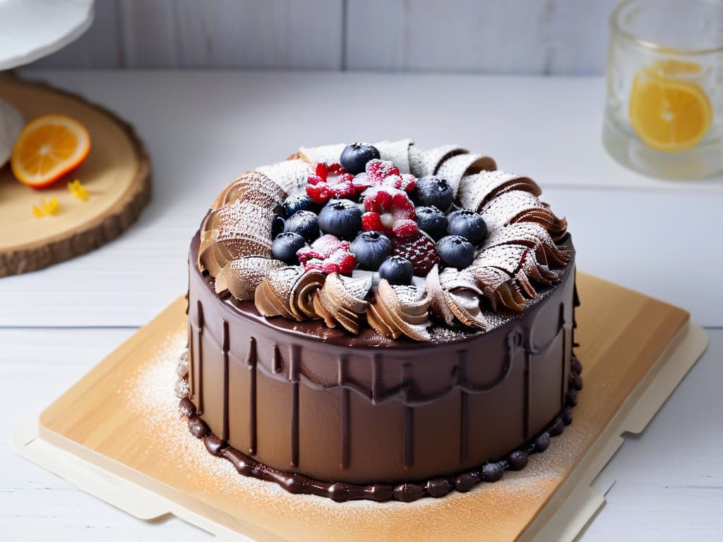  A photorealistic image of a beautifully decorated vegan chocolate cake topped with fresh berries, edible flowers, and a dusting of powdered sugar. The cake sits on a rustic wooden table with elegant cake slices cut out, showcasing its moist layers and rich chocolate ganache filling. The background features soft natural lighting, highlighting the cake's glossy finish and intricate decoration details, making it a truly enticing and visually appealing dessert. hyperrealistic, full body, detailed clothing, highly detailed, cinematic lighting, stunningly beautiful, intricate, sharp focus, f/1. 8, 85mm, (centered image composition), (professionally color graded), ((bright soft diffused light)), volumetric fog, trending on instagram, trending on tumblr, HDR 4K, 8K